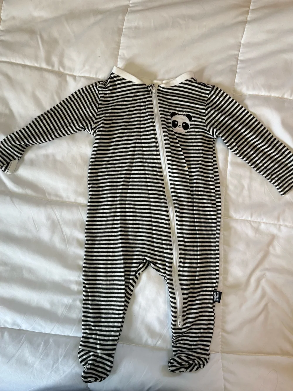 Carter's Black & White Striped Panda Zip Front Footed Romper